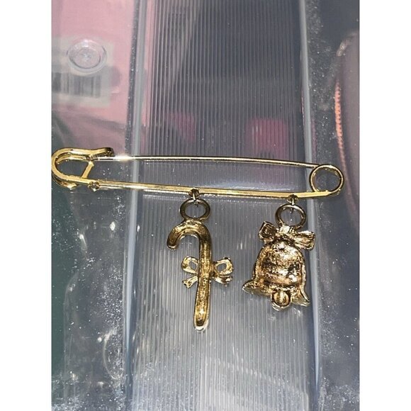 Gold Tone Brooch Safety Pin Christmas Holiday Dangle Charms Bell Candy Cane - Picture 6 of 8